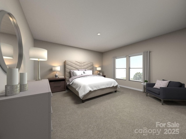 bedroom featuring recessed lighting, baseboards, and light colored carpet