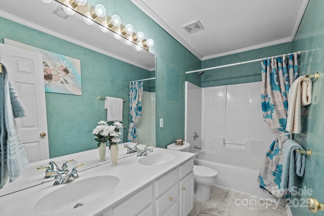 full bath with crown molding, marble finish floor, visible vents, and a sink