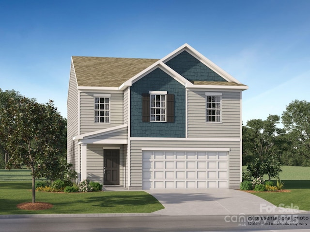 view of front of home featuring driveway, roof with shingles, a garage, and a front yard