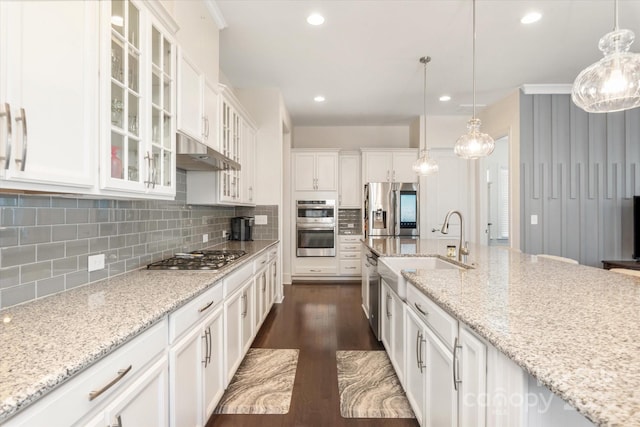 kitchen with under cabinet range hood, stainless steel appliances, dark wood-style flooring, white cabinets, and decorative backsplash