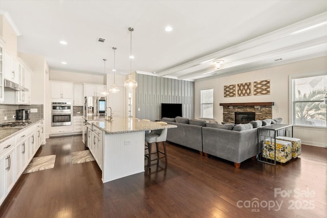 kitchen featuring stainless steel appliances, a fireplace, under cabinet range hood, and dark wood-style floors