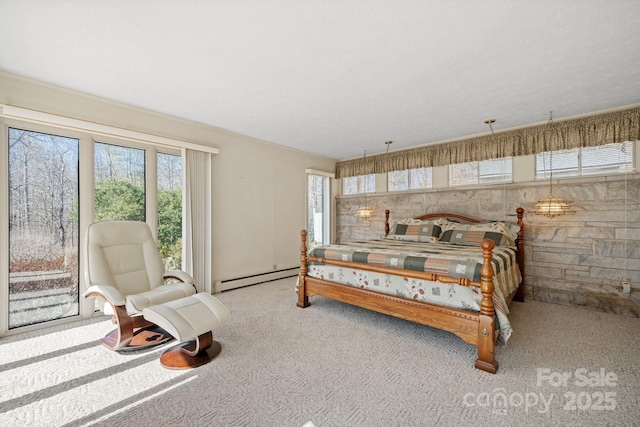 bedroom featuring a baseboard radiator and light colored carpet