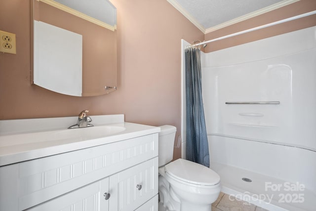 bathroom featuring toilet, a stall shower, ornamental molding, and vanity