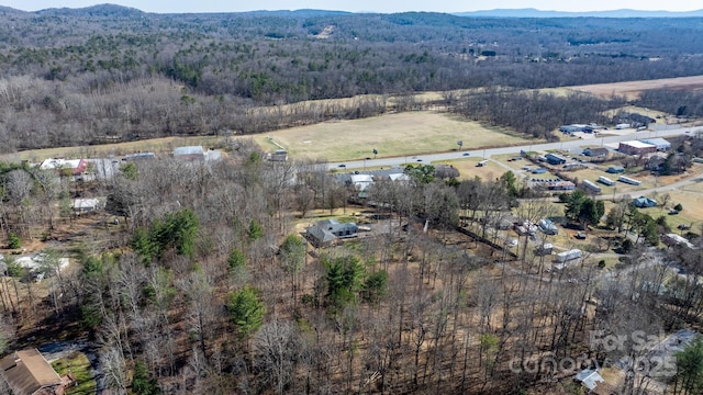 bird's eye view featuring a mountain view and a wooded view