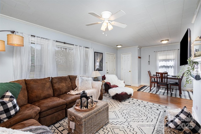 living room featuring baseboards, ceiling fan, wood finished floors, and crown molding