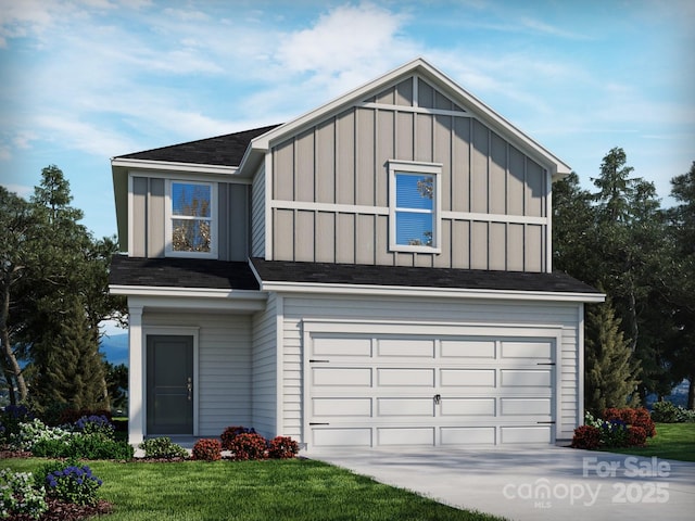 view of front of property featuring board and batten siding, a front yard, driveway, and an attached garage