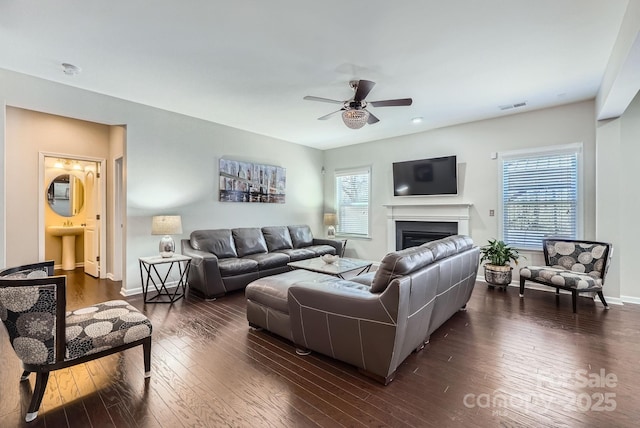 living room with ceiling fan, a fireplace, visible vents, and dark wood-style flooring