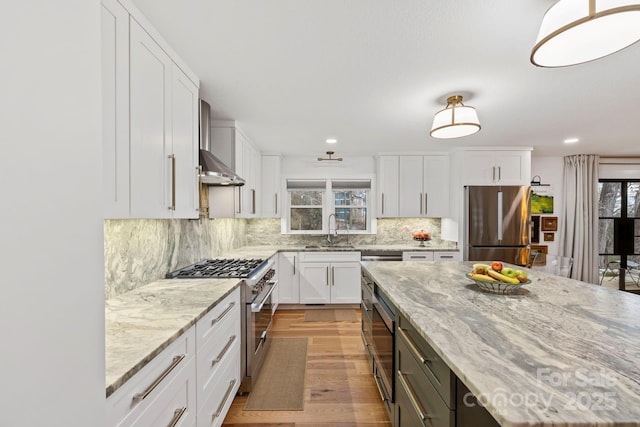 kitchen with stainless steel appliances, a sink, white cabinets, decorative backsplash, and wall chimney exhaust hood