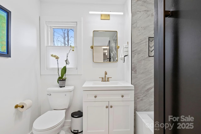 bathroom featuring walk in shower, a bathing tub, vanity, and toilet