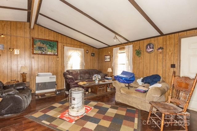 living room with wooden walls, lofted ceiling with beams, and wood finished floors