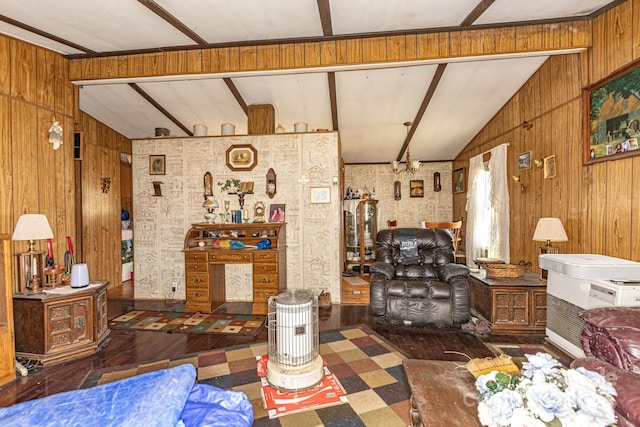 living area featuring lofted ceiling and wooden walls