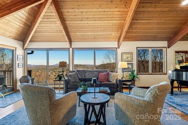 living area featuring lofted ceiling with beams, wood finished floors, a mountain view, and wooden ceiling