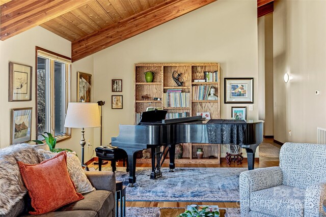 living area with wood ceiling, vaulted ceiling with beams, wood finished floors, and baseboards