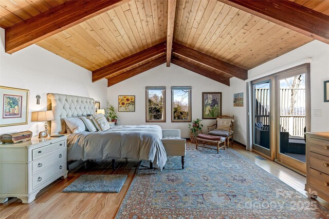 bedroom featuring wooden ceiling, light wood-style floors, access to exterior, and vaulted ceiling with beams