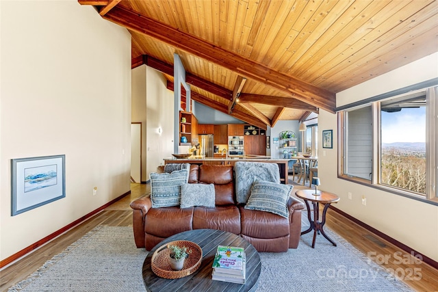 living room with wooden ceiling, baseboards, wood finished floors, and vaulted ceiling with beams