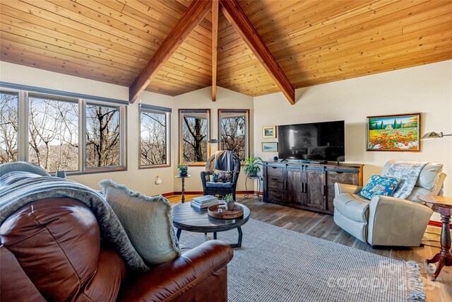 living room with wooden ceiling, vaulted ceiling with beams, wood finished floors, and baseboards