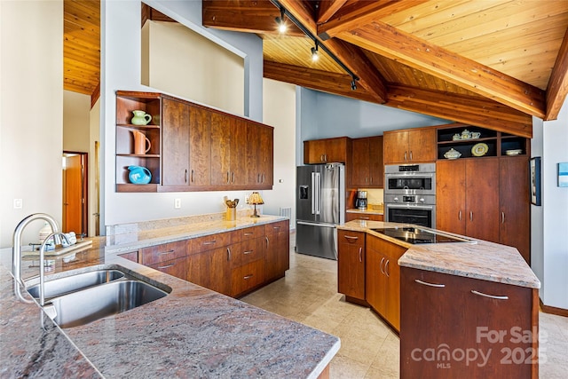 kitchen featuring open shelves, a sink, a center island, appliances with stainless steel finishes, and wooden ceiling