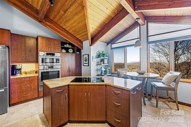 kitchen featuring open shelves, lofted ceiling with beams, a kitchen island, stainless steel appliances, and wood ceiling