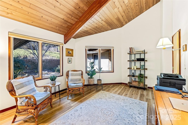 sitting room with baseboards, lofted ceiling, wood finished floors, and wooden ceiling