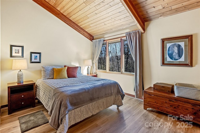 bedroom with wooden ceiling, lofted ceiling with beams, wood finished floors, and baseboards