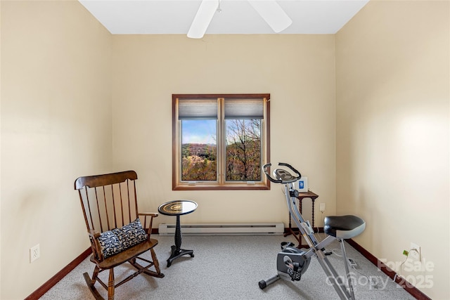 exercise room with carpet, a ceiling fan, baseboards, and a baseboard radiator