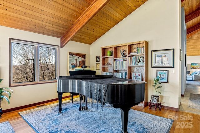 sitting room featuring beam ceiling, visible vents, wooden ceiling, and wood finished floors