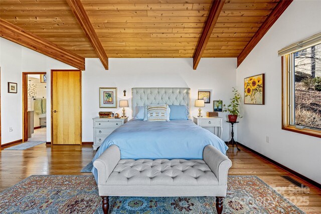 bedroom featuring wood ceiling, visible vents, vaulted ceiling with beams, and wood finished floors