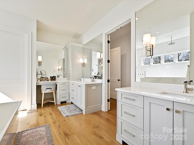 bathroom featuring two vanities, a sink, and wood finished floors