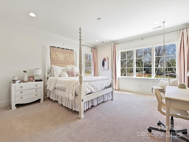 bedroom with light carpet, baseboards, visible vents, and ornamental molding