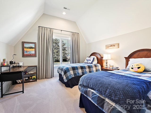 bedroom with lofted ceiling, visible vents, and light carpet