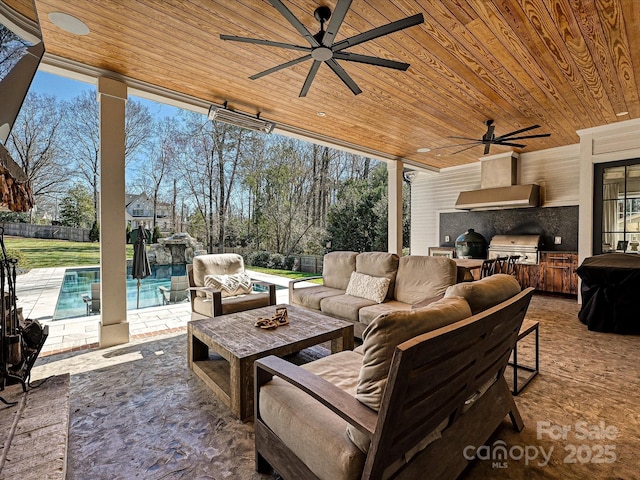 exterior space featuring expansive windows, wooden ceiling, and a ceiling fan