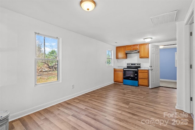 kitchen featuring light countertops, light wood finished floors, visible vents, and stainless steel range with electric cooktop