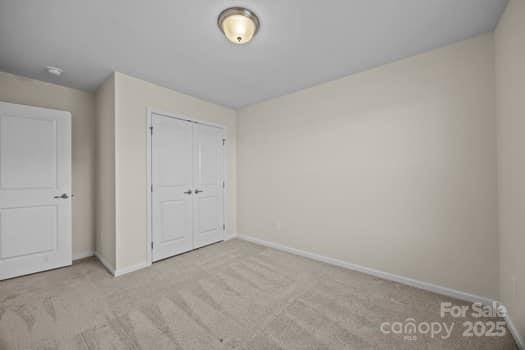 unfurnished bedroom featuring carpet floors, a closet, and baseboards