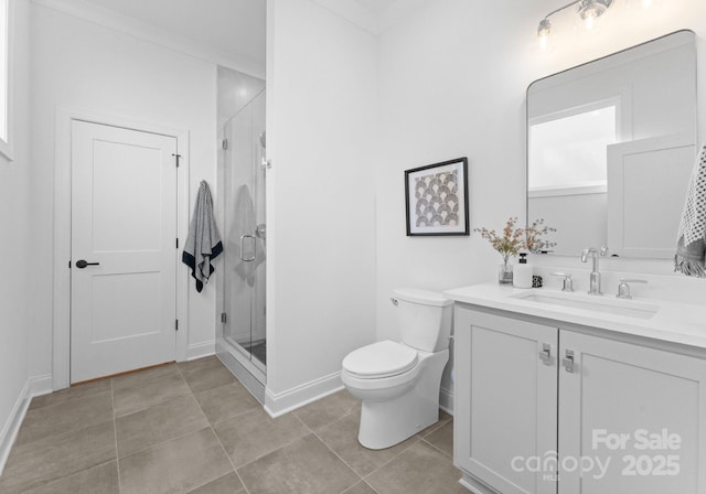 full bath featuring a stall shower, baseboards, toilet, tile patterned flooring, and vanity