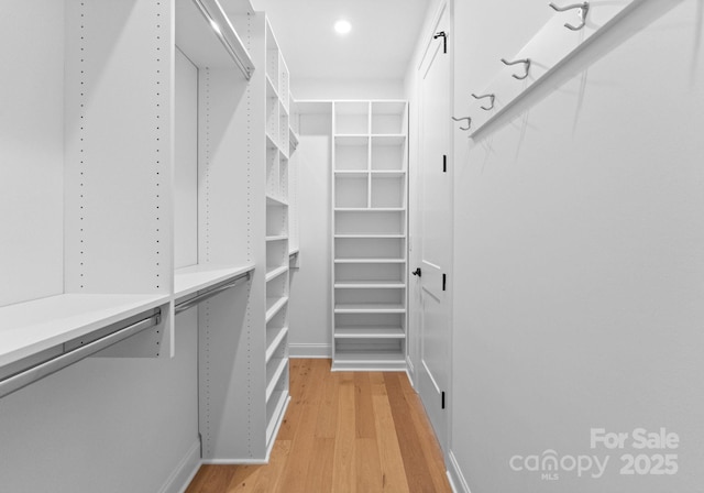 walk in closet with light wood-style flooring