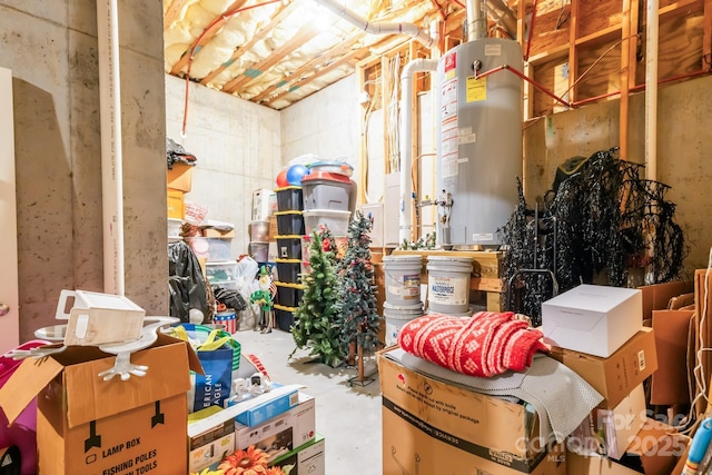 storage area featuring water heater