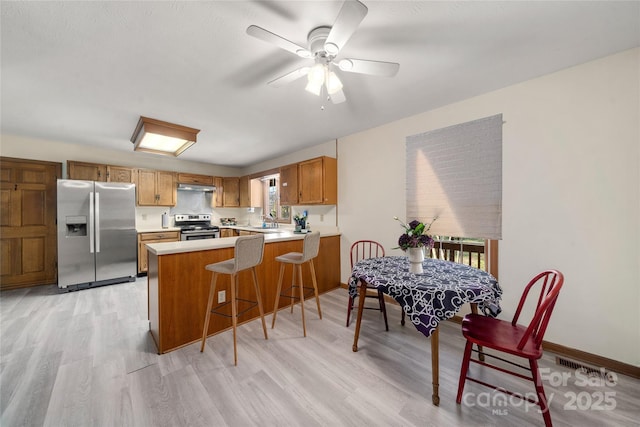 kitchen featuring brown cabinets, appliances with stainless steel finishes, light wood-style floors, a peninsula, and under cabinet range hood