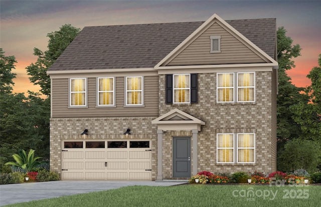 view of front of property featuring driveway, brick siding, roof with shingles, and an attached garage