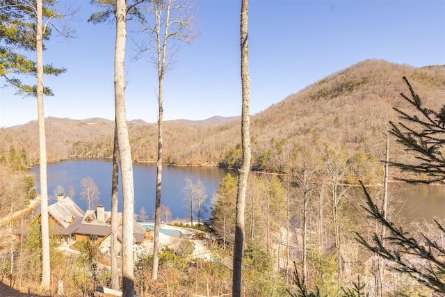 view of water feature with a mountain view and a wooded view