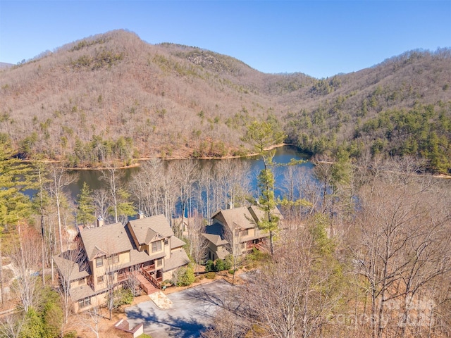 exterior space with a forest view and a water and mountain view