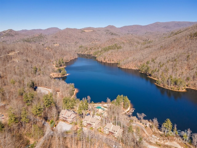 aerial view with a wooded view and a water and mountain view