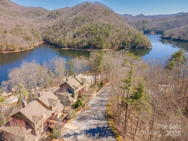 bird's eye view featuring a forest view and a water and mountain view