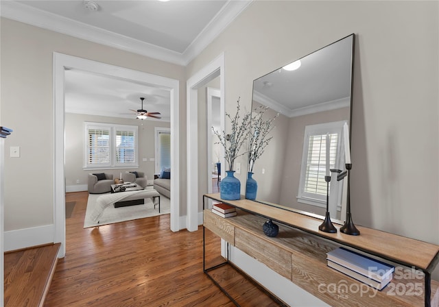 hallway featuring crown molding, wood finished floors, and baseboards