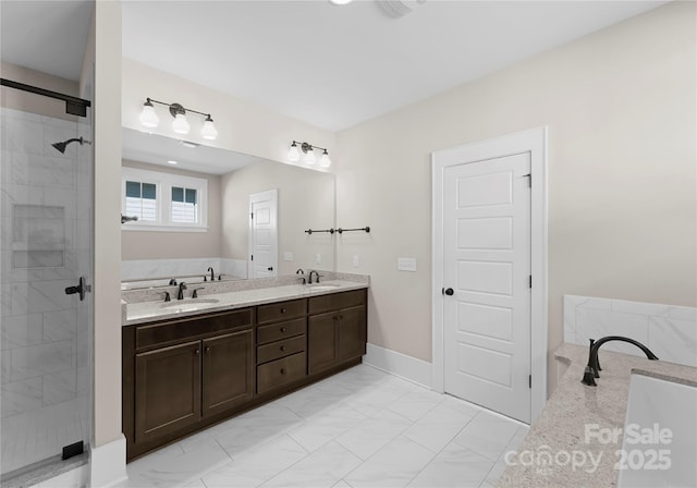 full bath featuring double vanity, a stall shower, a bath, marble finish floor, and a sink