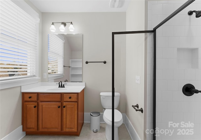 full bathroom featuring visible vents, toilet, a tile shower, tile patterned flooring, and vanity