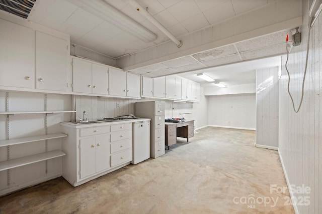 kitchen featuring white cabinets, concrete floors, visible vents, and white dishwasher