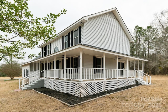 view of property exterior featuring covered porch and a ceiling fan