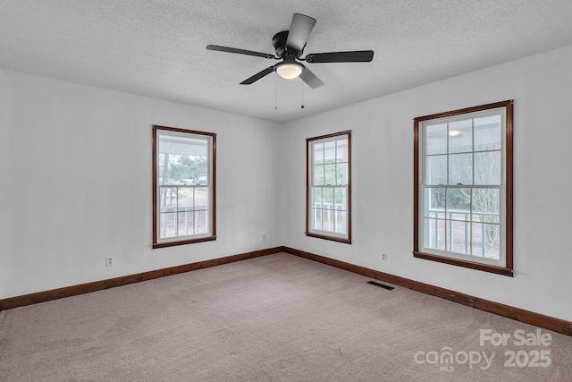 carpeted spare room featuring a wealth of natural light, visible vents, baseboards, and a textured ceiling