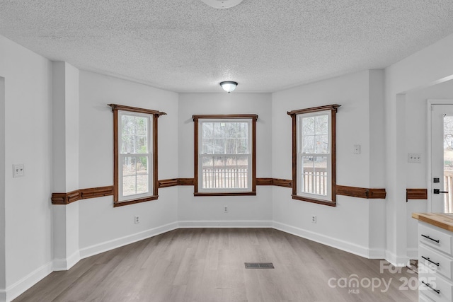 interior space featuring visible vents, plenty of natural light, a textured ceiling, and wood finished floors