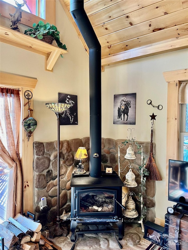 interior details featuring a wood stove